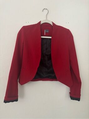 Sparkle & Fade Red Cropped Collarless Open Blazer
